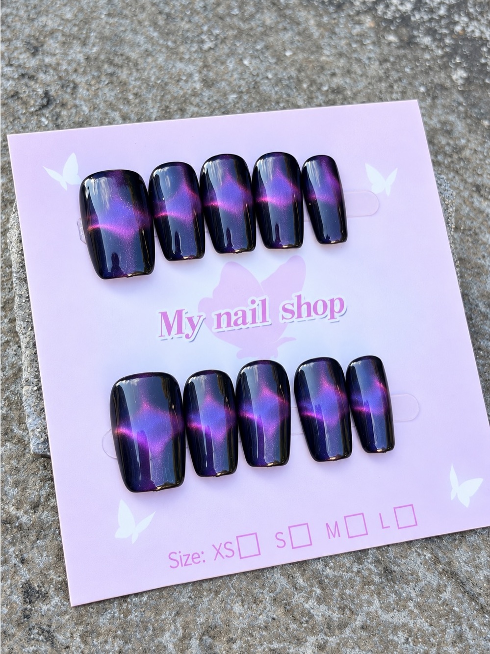 Handmade Purple & Black Cat Eye Press-On Nails Medium 2.0 cm